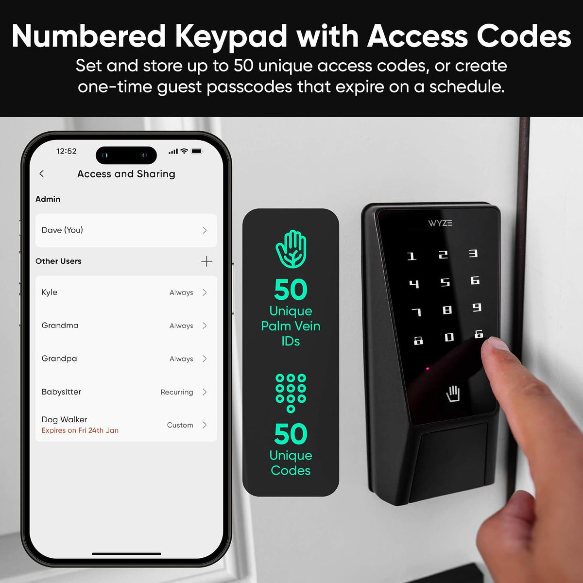 Wyze Palm Lock, Smart Door Lock with Palm Vein Recognition, Keyless Entry Smart Locks for Front Door, Keypad, Auto Lock, Dual Battery, Wi-Fi, Works with Alexa & Google, BHMA, IP53, Mechanical Key