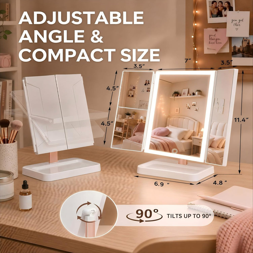 Makeup Mirror with Lights, Rechargeable Trifold 1X/2X/3X Magnification
