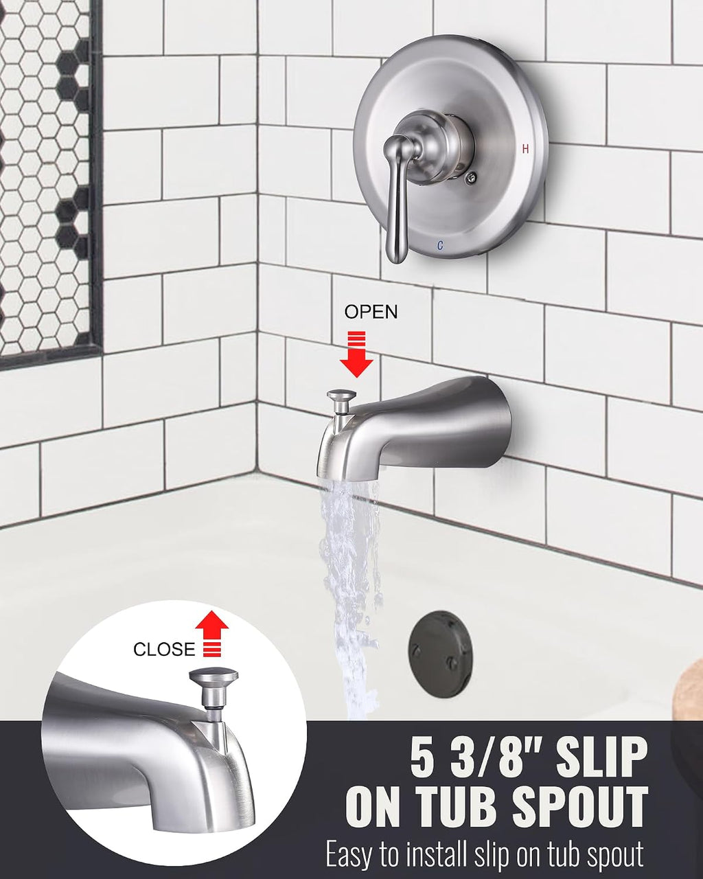 Bathtub Shower Faucet Set with Valve, 6-Inch Showerhead and Tub Spout