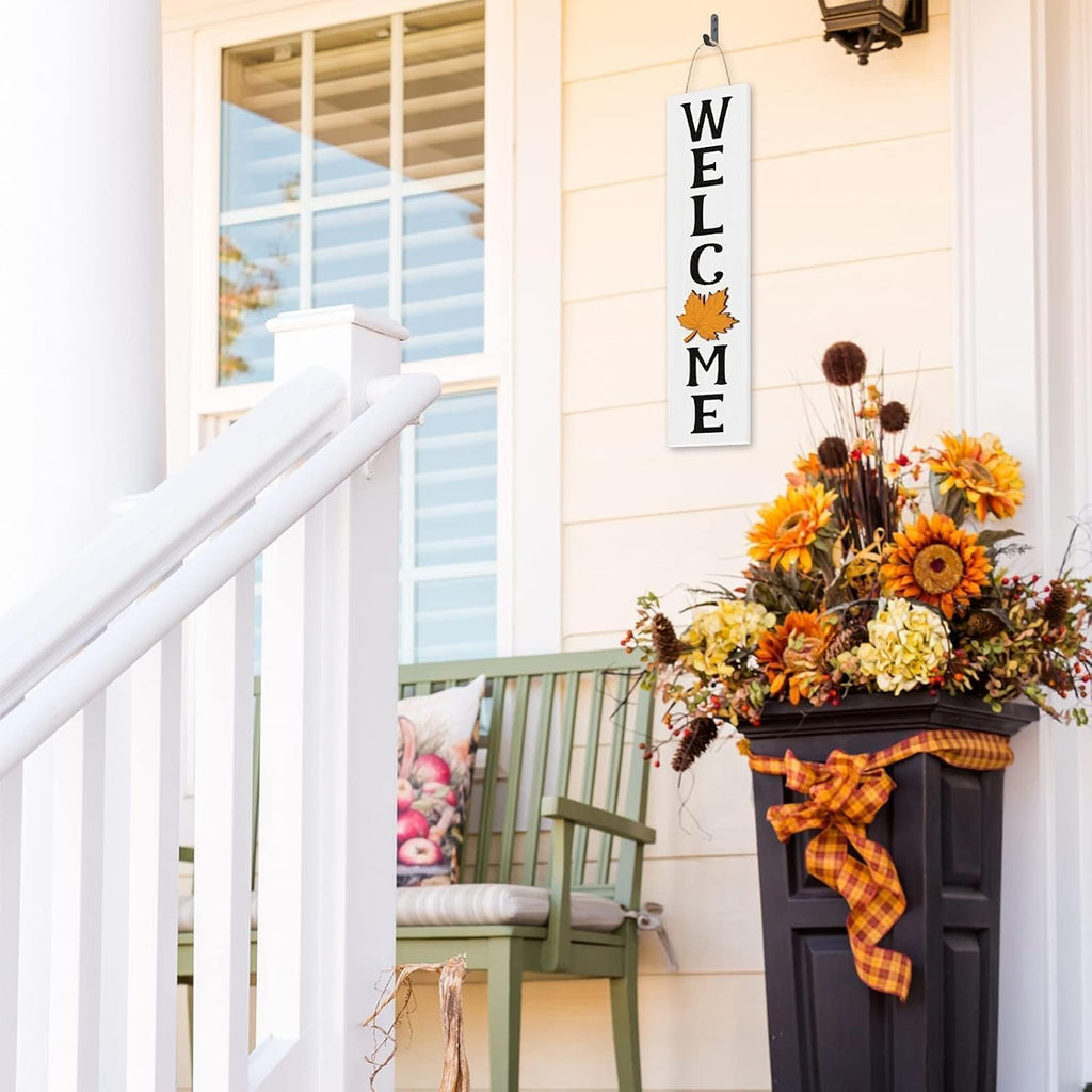 Interchangeable Mini Welcome Vertical Door Sign Wooden Indoor Outdoor Hanger with 15 Pcs Seasonal Replaceable Ornaments Rustic Farmhouse Porch Sign Home Decoration Ideas Halloween Decor White