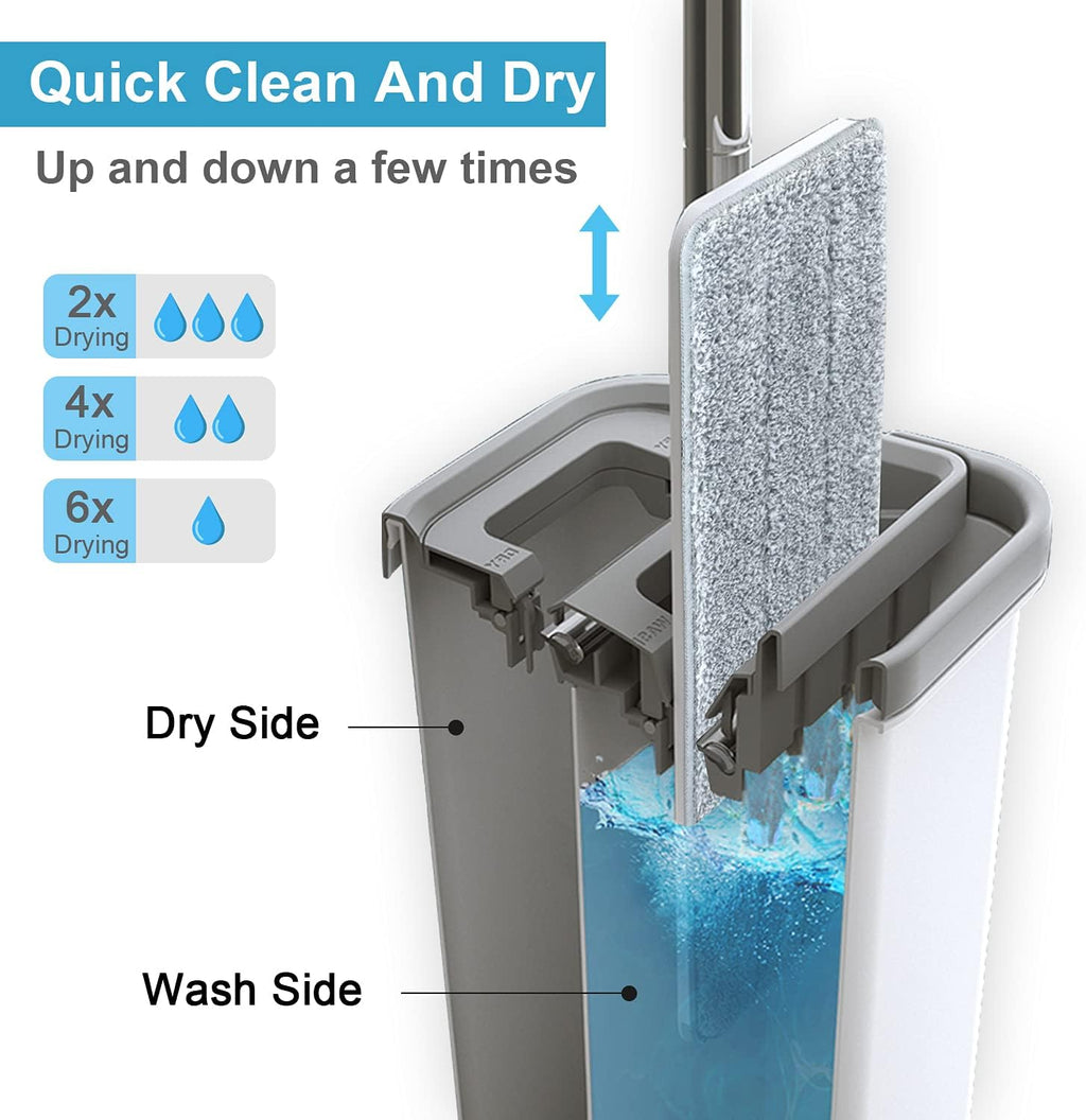 BOSHENG Mop and Bucket with Wringer Set, Hands Free Flat Floor Mop and Bucket, 3 Washable Microfiber Pads Included, Wet and Dry Use, Home Floor Cleaning System for All Floor Types and Windows