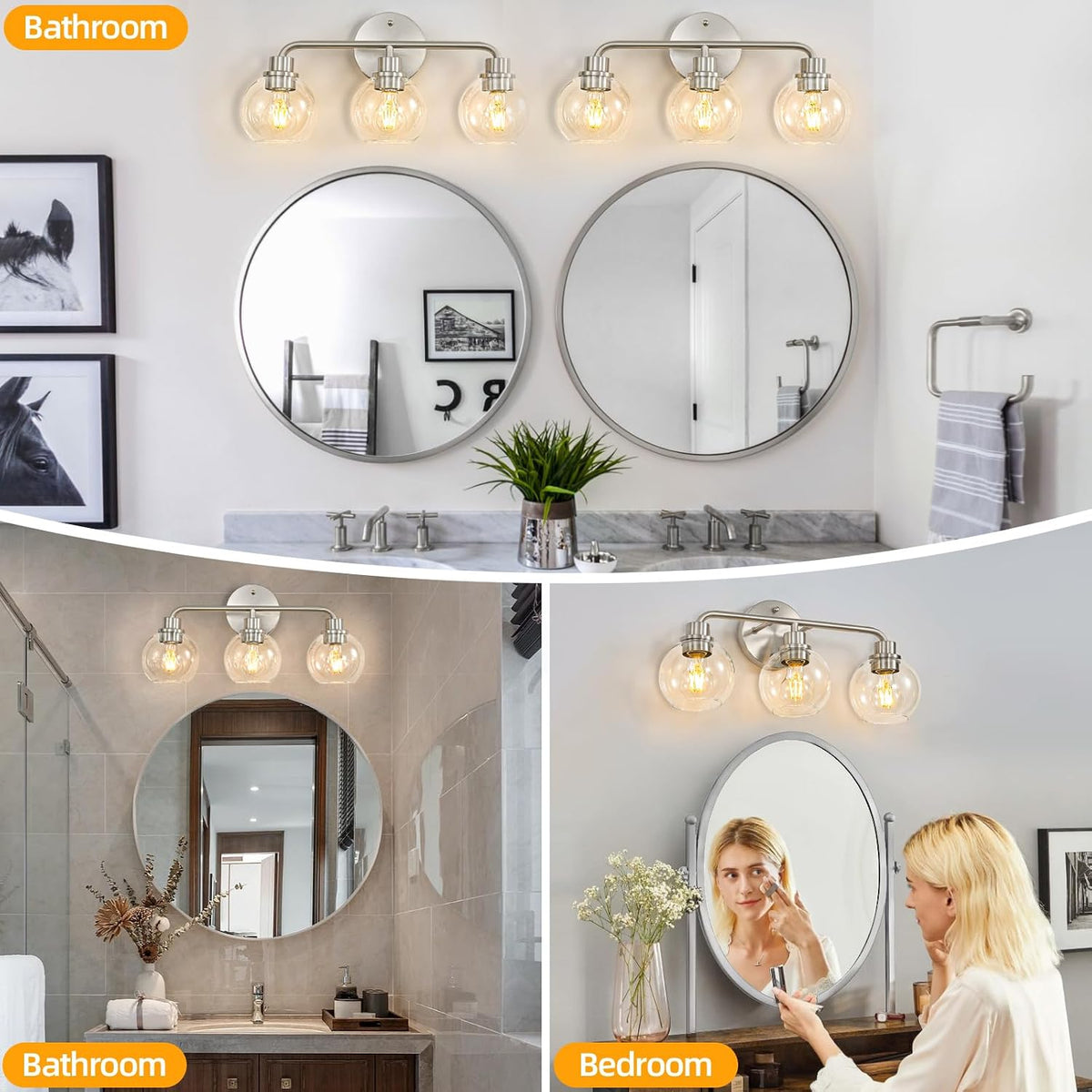 3 Light Bathroom Vanity Light Fixtures, Brushed Nickel Vanity Lights