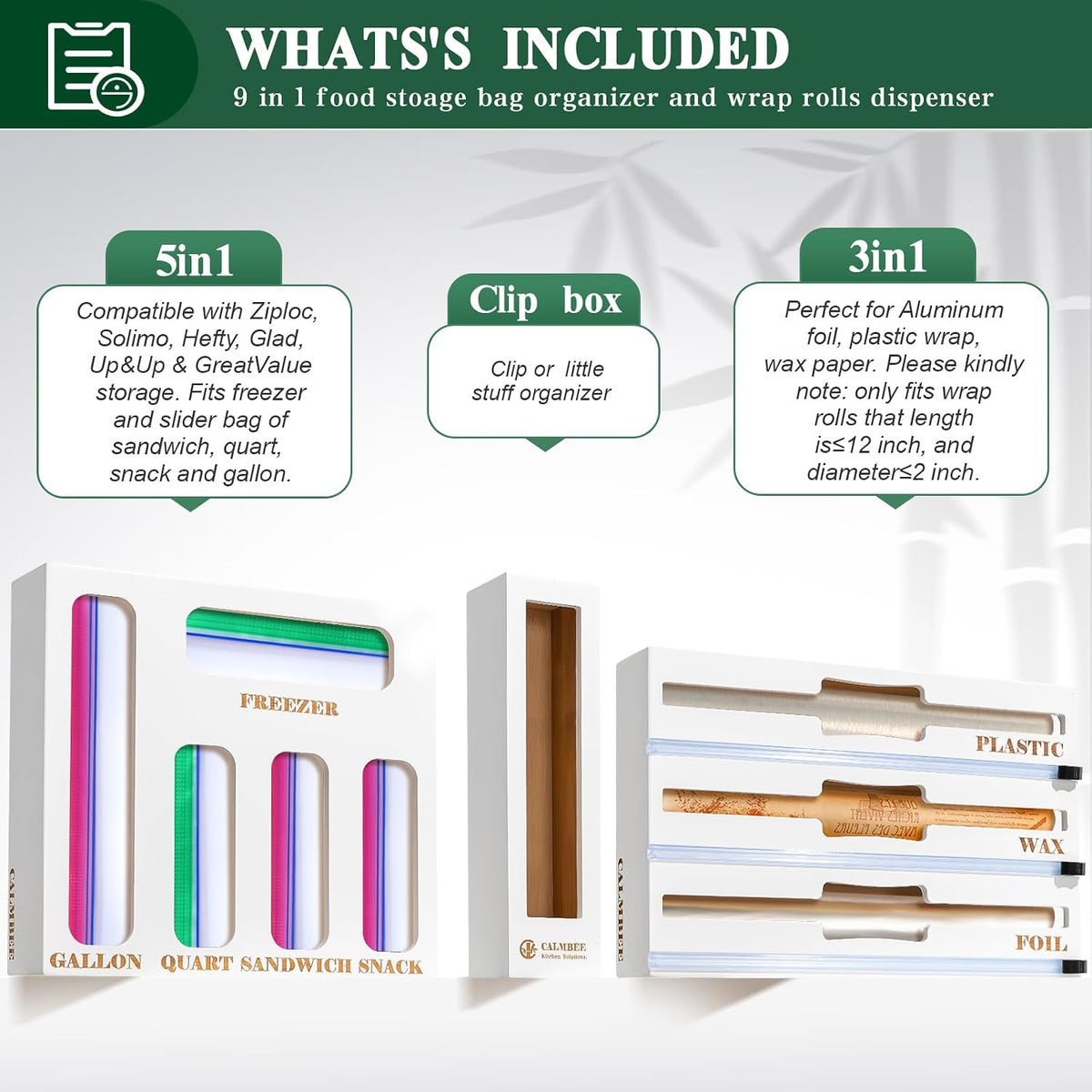 Calmbee 9 in 1 Bamboo Storage Bag Organizer for Kitchen Drawer – Plastic Wrap Dispenser with Cutter & Foil Organizer, Wooden Baggie Organizer for Sandwich, Snack, Gallon, Quart Sizes, White