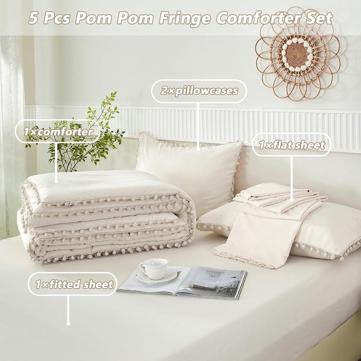 PERFEMET Girls Comforter Set Twin Size Beige Cream Pom Pom Bedding 5 Pieces