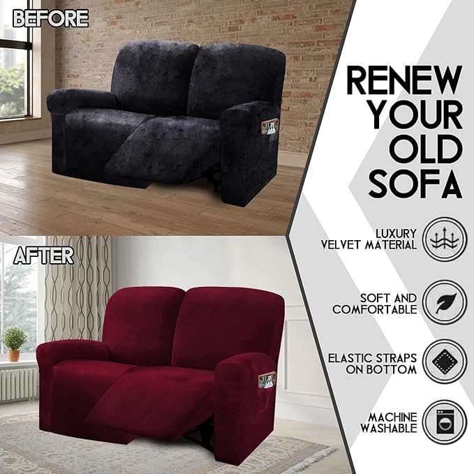 ULTICOR Reclining Love Seat Slipcover, 6-Piece Velvet Stretch Loveseat - Image 3