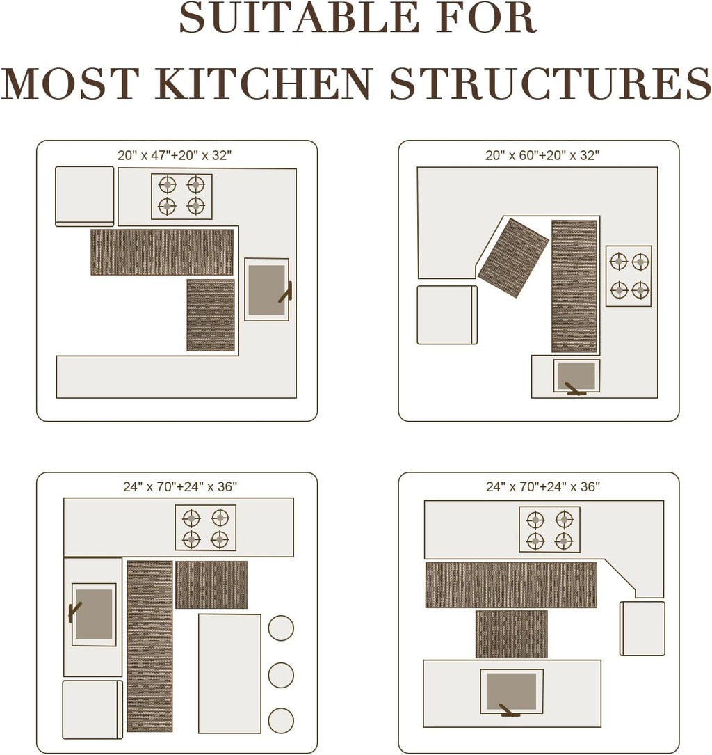 BSICPRO Kitchen Rugs Sets of 2, Non Slip Kitchen Mats for Floor, Brown