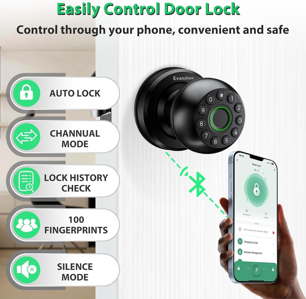 Smart Door Knob Fingerprint Lock 4-in-1 Keyless Entry (Fingerprint/App/Code/Key) Biometric Door with Auto-Lock Easy Install for Home/Bedroom/Office-Black