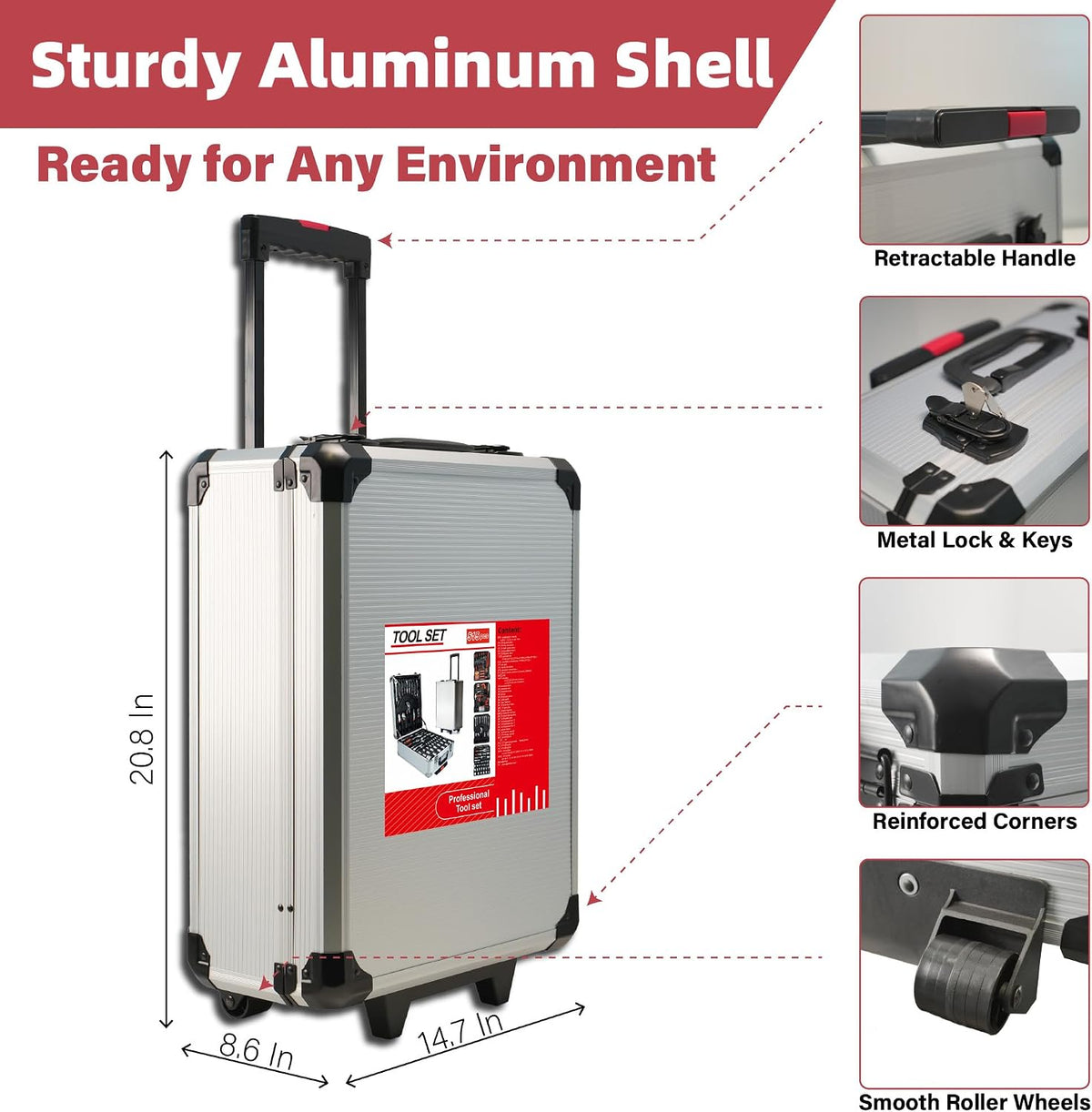 515 PCS General Household Tool Kit Aluminum Trolley Case Tool Set for Men