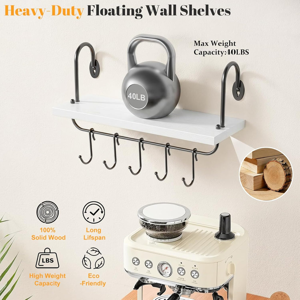 Floating Wall Shelves for Kitchen Bathroom Coffee Nook with 10 Adjustable Hooks for Mugs Cooking Utensils or Towel Rustic Storage Shelves Set of 2/17x5.9 inch (White)