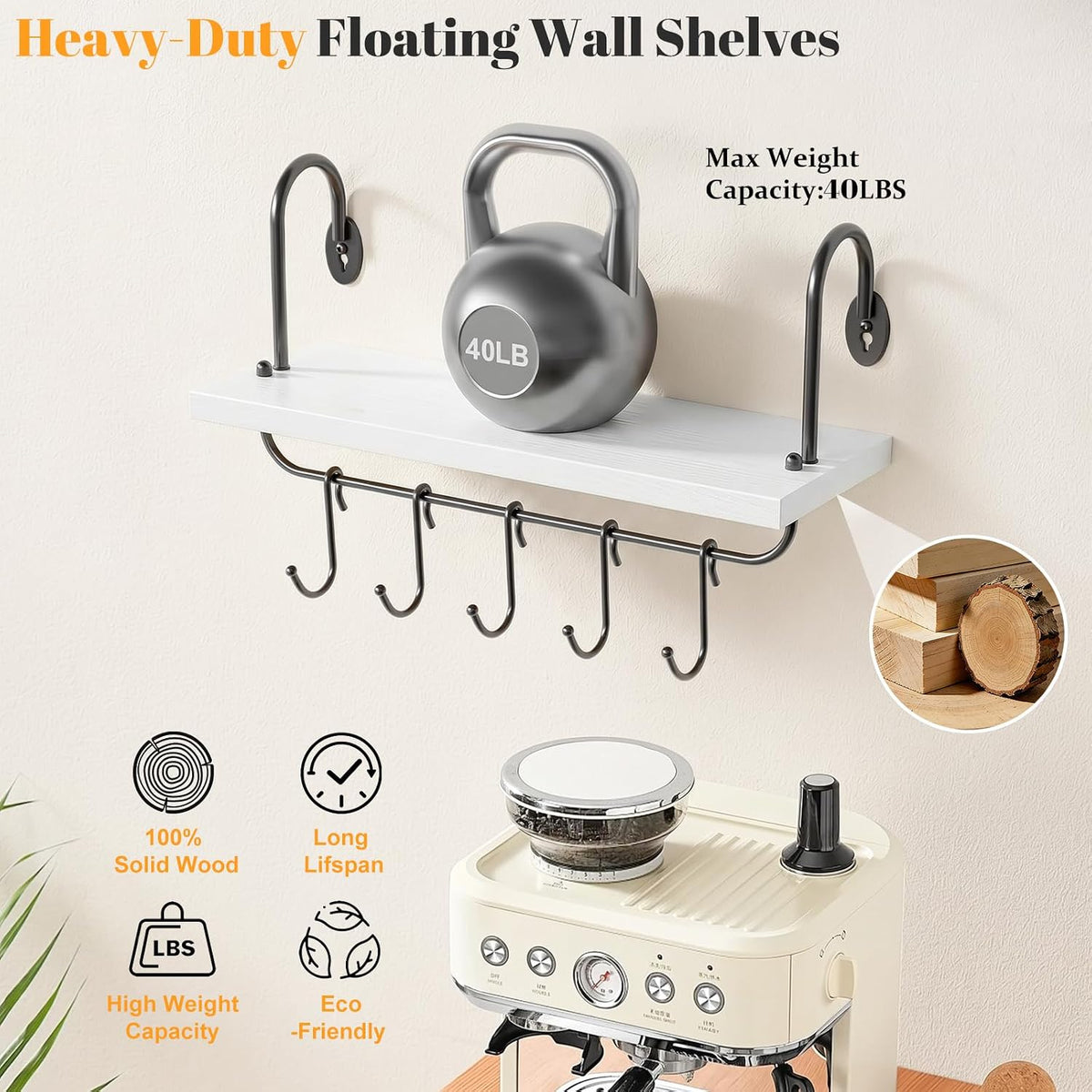 Floating Wall Shelves for Kitchen Bathroom Coffee Nook with 10 Adjustable Hooks for Mugs Cooking Utensils or Towel Rustic Storage Shelves Set of 2/17x5.9 inch (White)
