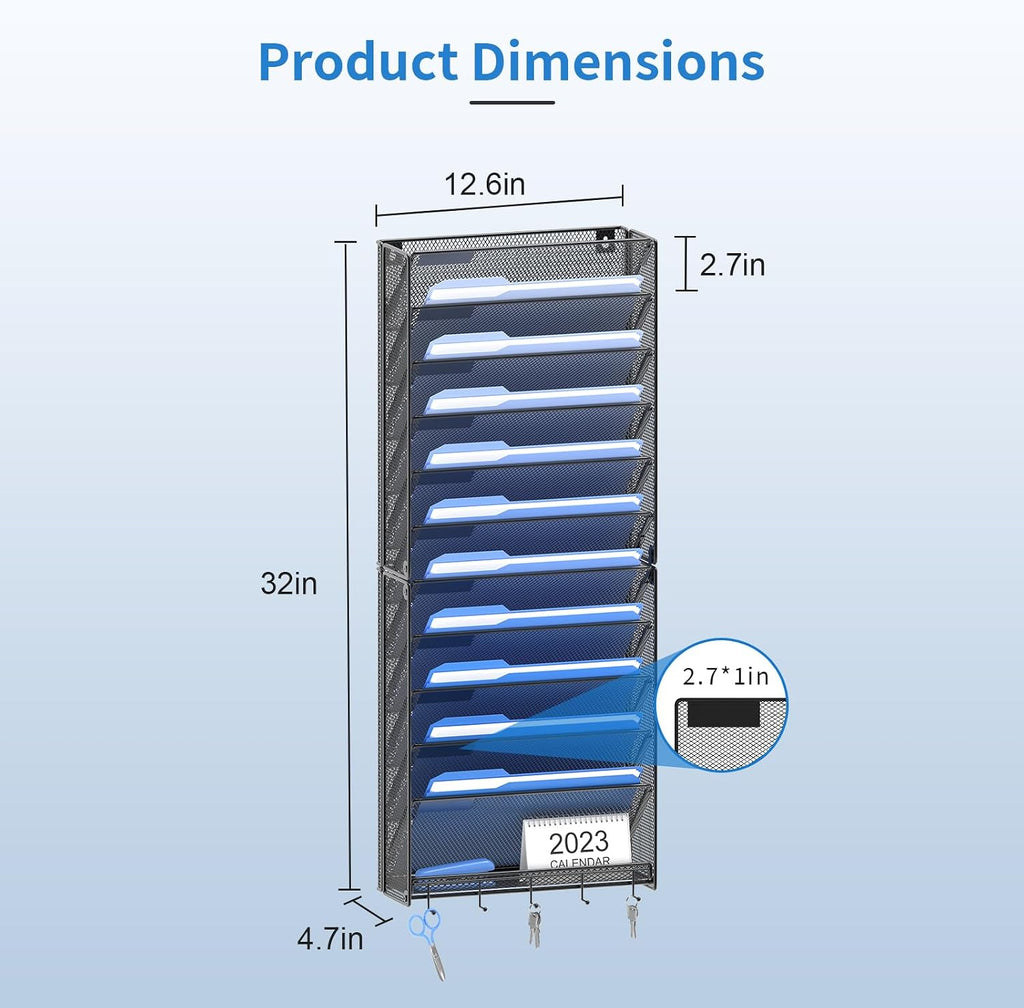OUTWOLF Hanging Wall File Organizer with Hooks, 12 Tier Vertical Wall Mount File Holder, File Folder Wall Organizer for Office