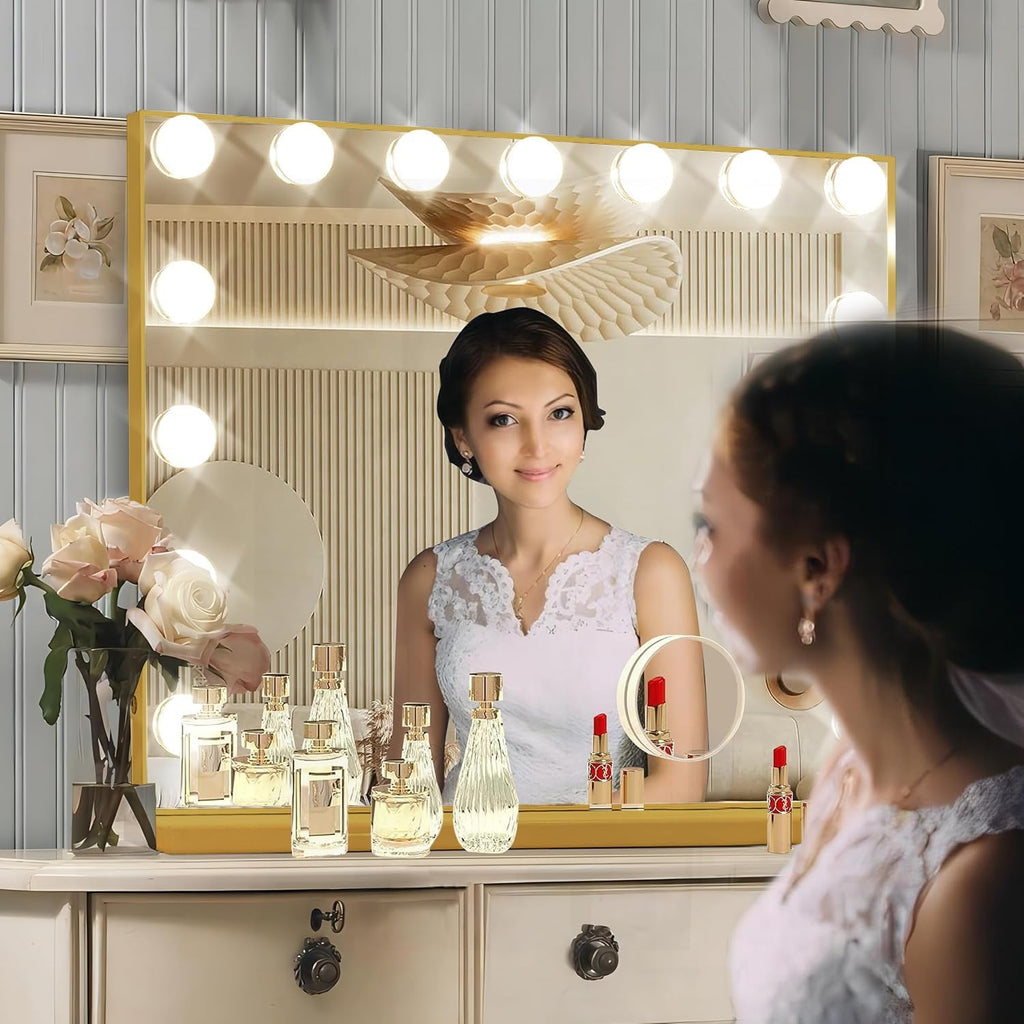 Ratsamee Gold Hollywood Vanity Mirror with Lights, 15 Dimmable Bulbs, 3 Color Lights,Make Up Lighted Mirror, Aluminum Metal Frame, USB Charging Port（23" x 18"）
