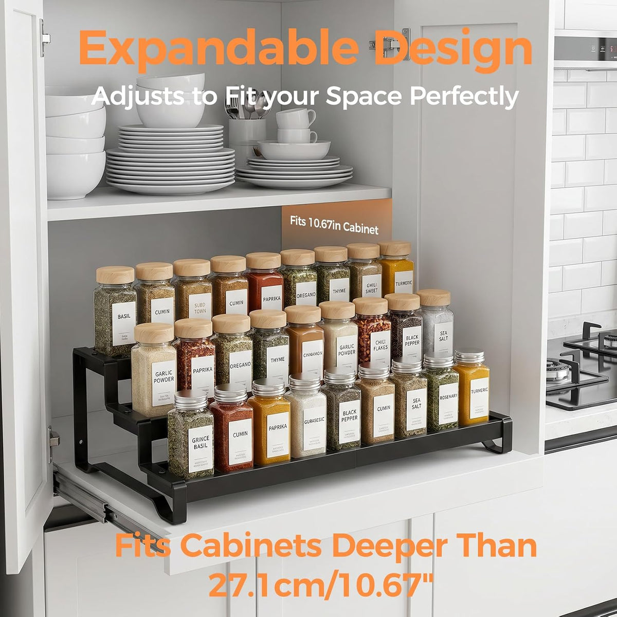 Spice Rack Organizer for Cabinet, 3-Tier Expandable 14.37"–26.02" Seasoning Organizer Shelf – Sturdy Metal Spicy Shelf for Jar & Bottle Storage in Kitchen Cabinet & Pantry, Black