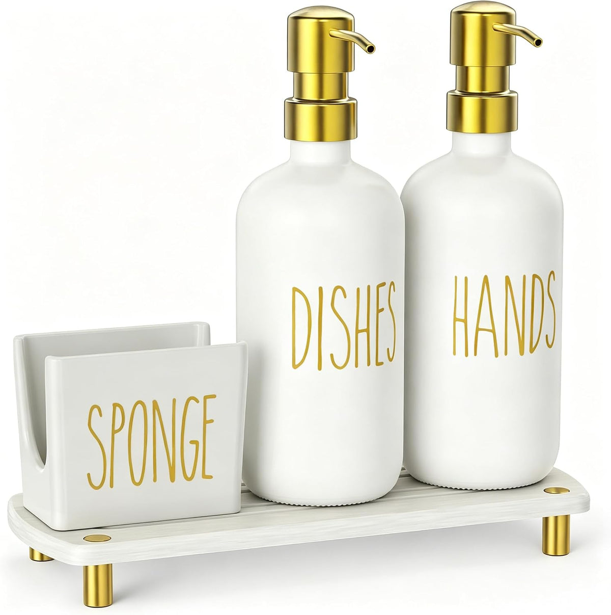 Cisily Kitchen Soap Dispenser Set Comes with Ceramics Sponge Holder, Gold Pumps, and Instant Dry Tray, Hand and Dish Soap Dispenser Set, Kitchen Decor and Accessories for Countertop Organizer