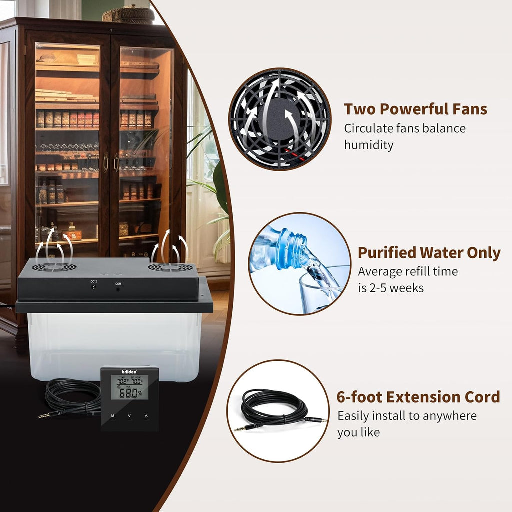 Briidea Electric Humidifiers for Cabinet (10-50 Cubic Ft.), 30% RH~80% RH Humidity Setting Values, Perfect Monitoring Temperature and Humidity, 12V Adapter Power Supply