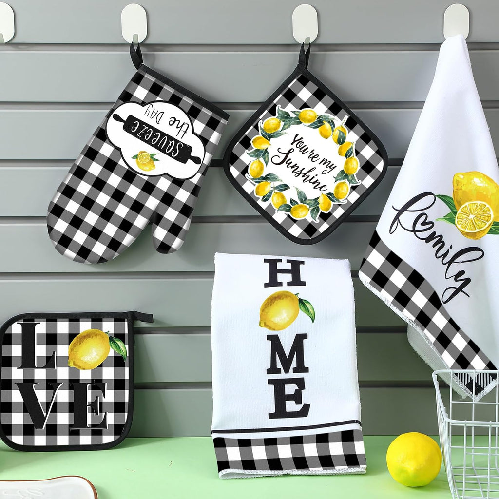 5 Pcs Buffalo Plaid Kitchen Towels Oven Mitts and Pot Holder Set,Lemon