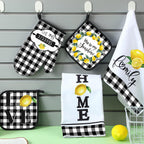 5 Pcs Buffalo Plaid Kitchen Towels Oven Mitts and Pot Holder Set,Lemon