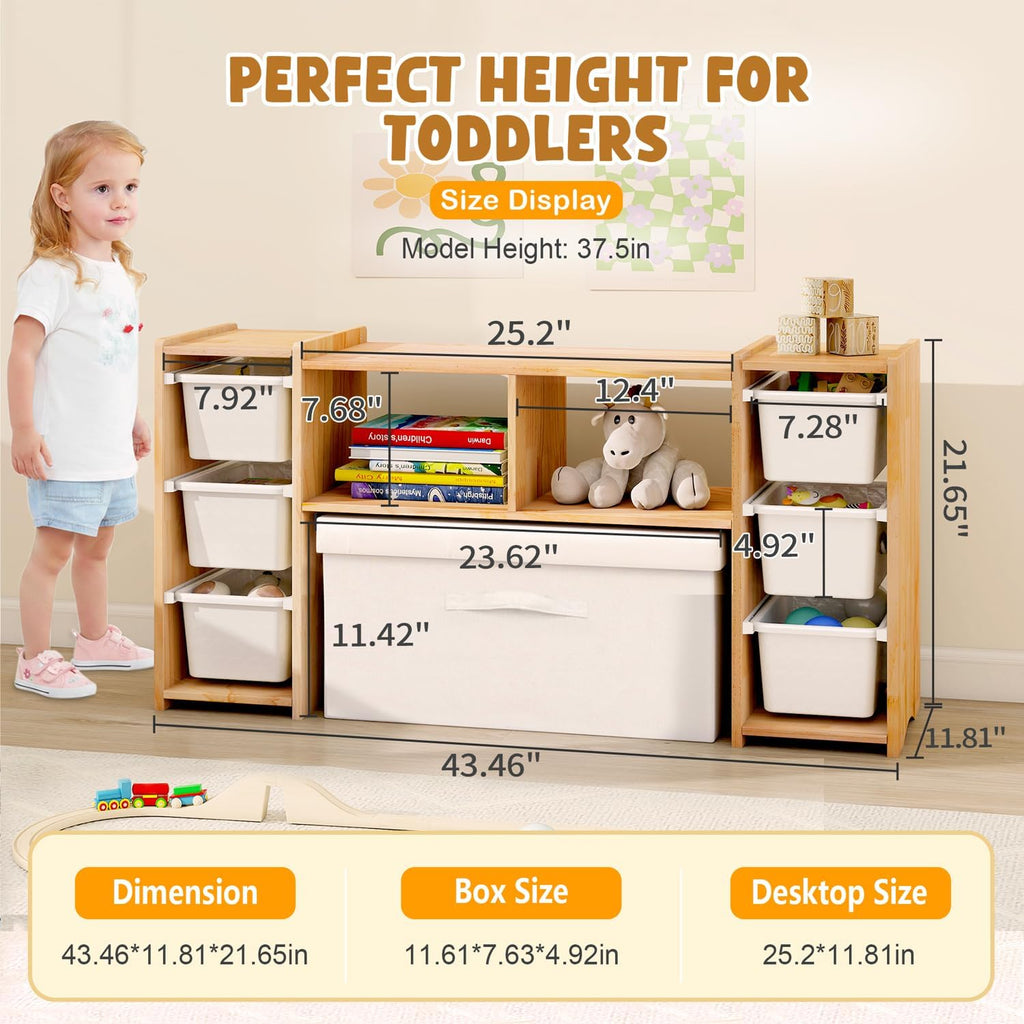 Montessori Shelf for Kids - 100% Solid Pine Wood with 6 Removable Plastic Bins, Toy Storage Organizer Cabinet for Playroom, Bedroom & Nursery (Natural)