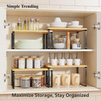 Simple Trending Bamboo Cabinet Organizer Shelf, Set of 2 Kitchen Counter Shelves, Stackable Expandable Spice Rack Kitchen Storage, Black and Natural Beige