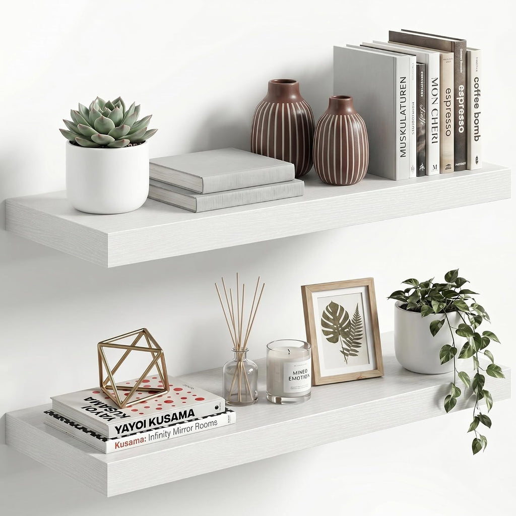 Fun Memories 12" Deep Floating Shelves for Wall, Set of 2, 32 Inch Long Wall Shelves, 2" Thick Storage Display Shelves with Invisible Brackets for Living Room Bedroom Kitchen, White