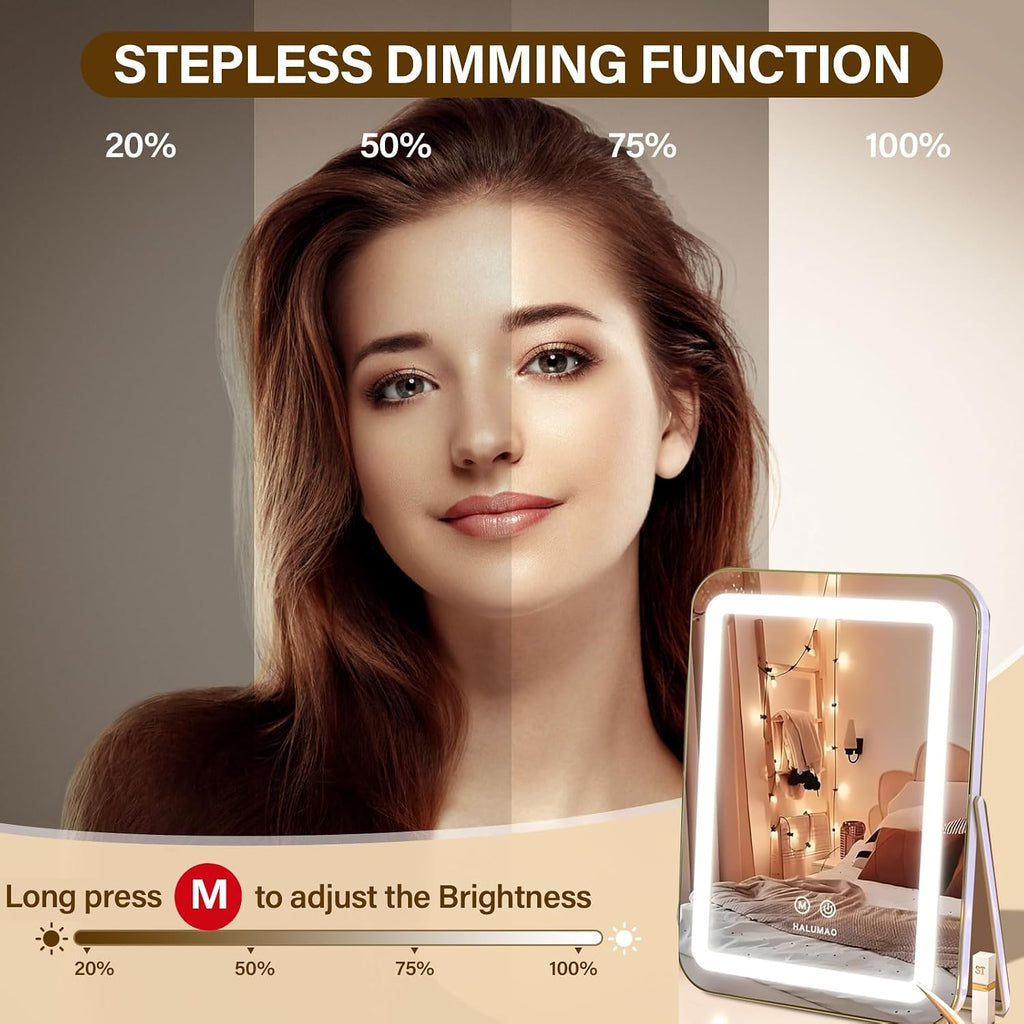 halumao Vanity Mirror with Lights, 14.5" Light Up Makeup Mirror, LED Makeup Mirror with Lights for Bedroom Tabletop, Smart Touch Control 3 Colors Dimmable, 360° Rotation