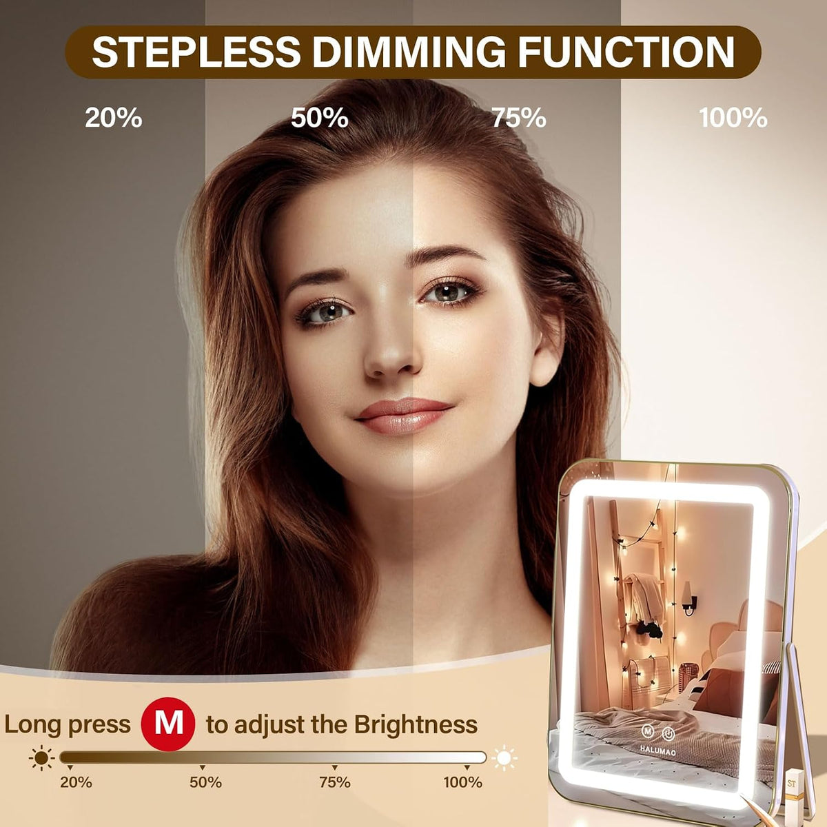 halumao Vanity Mirror with Lights, 14.5" Light Up Makeup Mirror, LED Makeup Mirror with Lights for Bedroom Tabletop, Smart Touch Control 3 Colors Dimmable, 360° Rotation