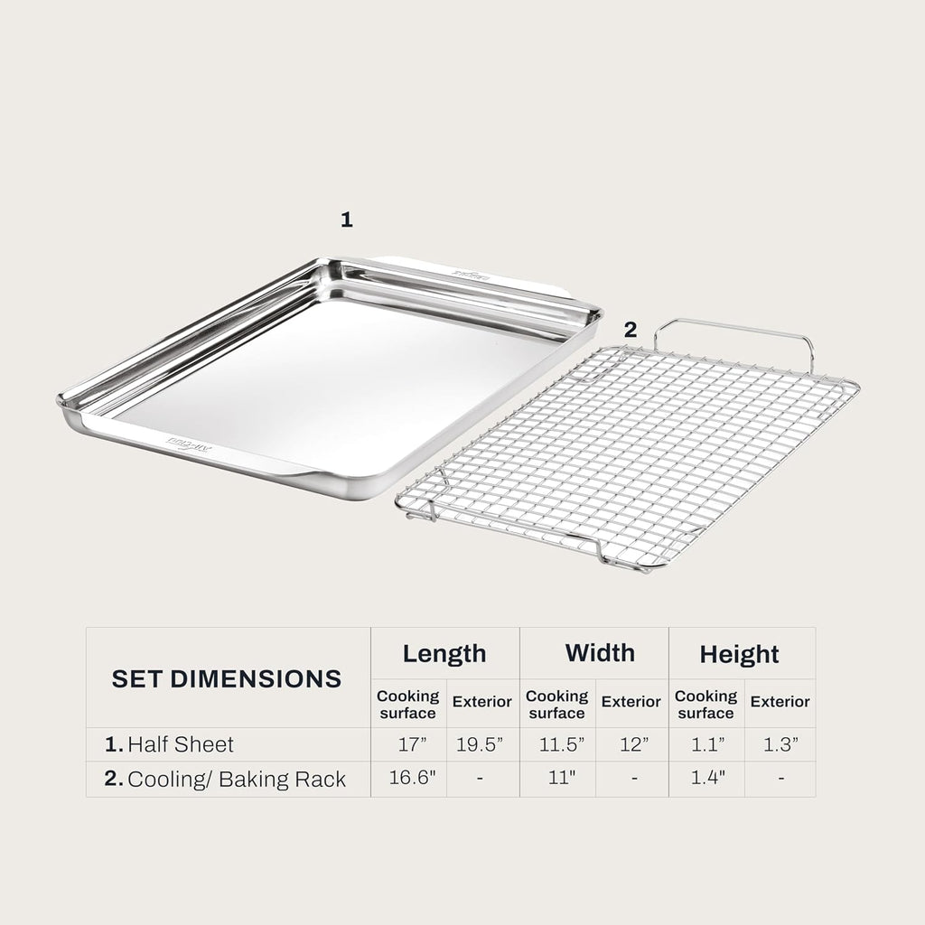 All-Clad Stainless Steel Half-Sheet Baking Pan 13" x 21" with Cooling Rack - Tri-ply Bonded for Consistent Baking- (Roast, Bake Cookies, Brownies and More) Professional Stainless Steel Bakeware