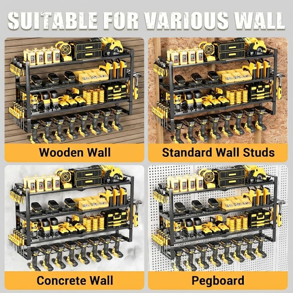 Extra Tall Power Tool Organizer Wall Mount, Drill Holder Storage Rack Shelf