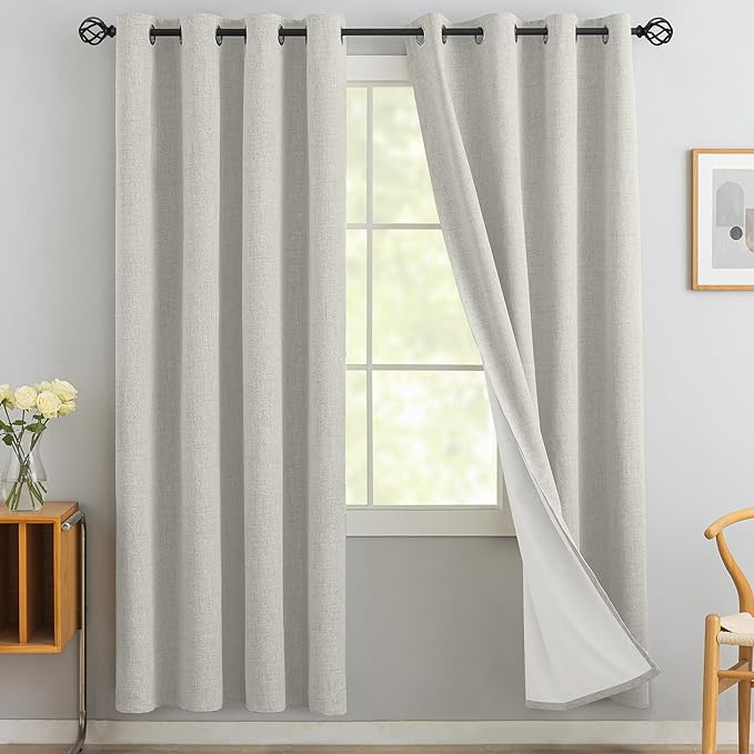 Yakamok Cream Linen Curtains 100% Blackout 72 Inches Long, Room Darkening by Yakamok