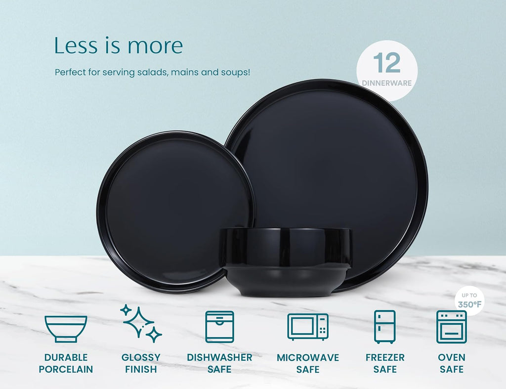 Ceramic Dinnerware Set, 12-Piece Service for 4, Soup Bowls (31.5 oz), Salad Plates (7.5"), Dinner Plates (10.5"), Round, Microwave and Dishwasher Safe, Black, Cambridge Classics