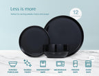 Ceramic Dinnerware Set, 12-Piece Service for 4, Soup Bowls (31.5 oz), Salad Plates (7.5"), Dinner Plates (10.5"), Round, Microwave and Dishwasher Safe, Black, Cambridge Classics
