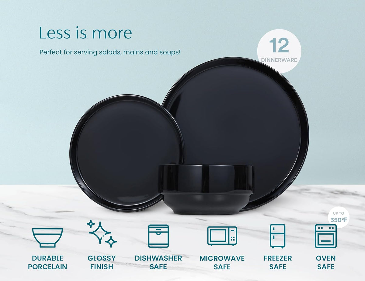 Ceramic Dinnerware Set, 12-Piece Service for 4, Soup Bowls (31.5 oz), Salad Plates (7.5"), Dinner Plates (10.5"), Round, Microwave and Dishwasher Safe, Black, Cambridge Classics