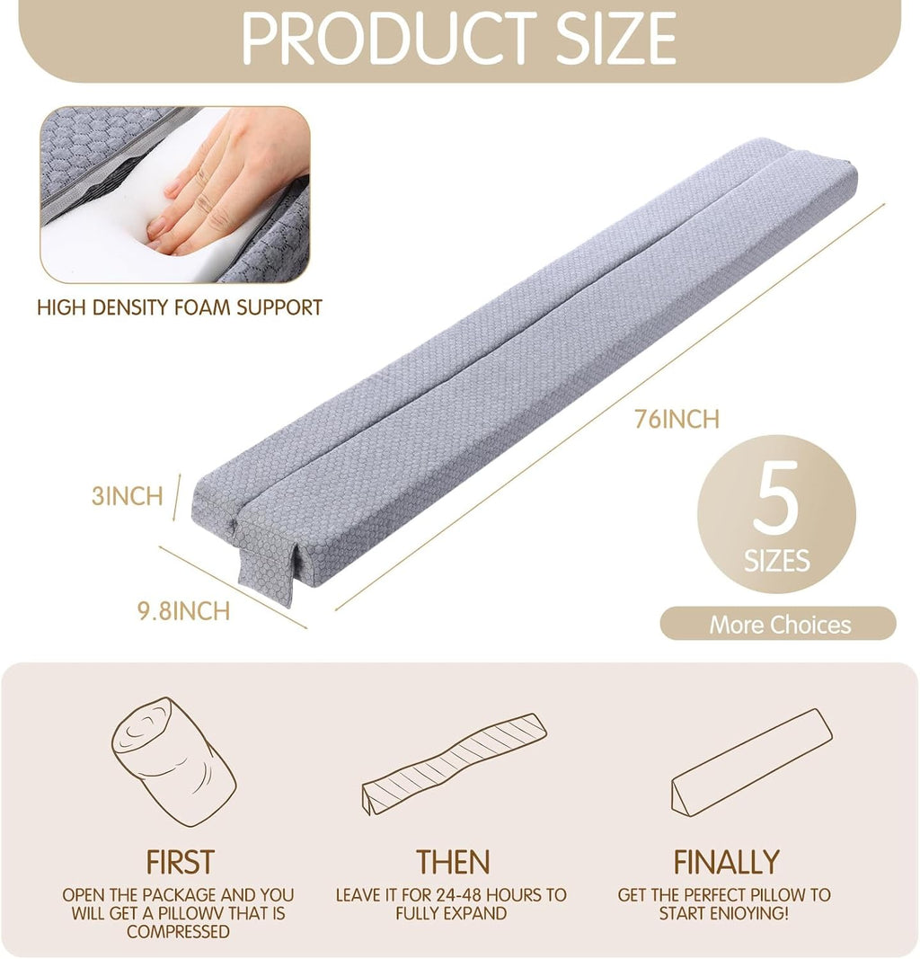 AceOrbit Foldable Bed Wedge Pillow for Headboard Gap (0-6'') 76" x 9.8" x 3" Foam Mattress Gap Filler, Pillow Falling Down, Gray