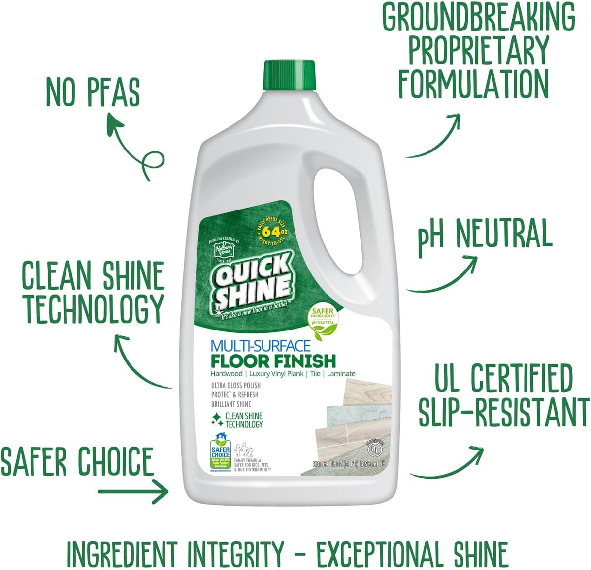 Quick Shine Multi Surface Floor Finish 64oz | Cleaner & Polish to use on Hardwood, Laminate, Luxury Vinyl Plank LVT, Tile & Stone | Safer Choice w/Clean Shine Technology | Shine-Protect-Refresh