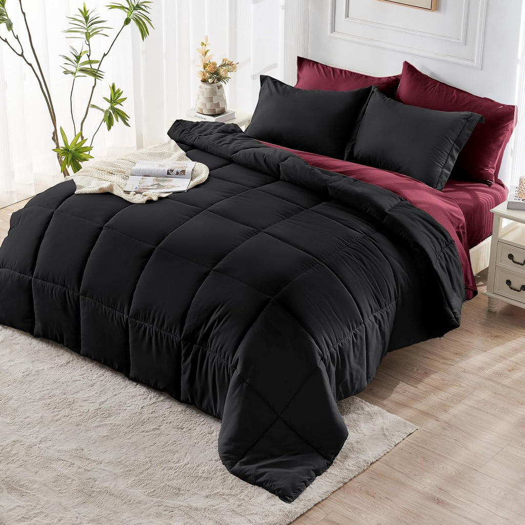 JOLLYVOGUE Queen Comforter Set, Ultra-Soft Bed in a Bag Queen Size 7 Pieces, Oeko-TEX Certified Bedding Set with Down Alternative Comforter, Sheets, Pillowcases & Shams, Black & Deep Burgundy