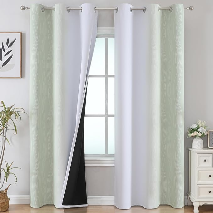 Estelar Textiler Sage and Greyish White Room Darkening Blackout Curtains 84 by ESTELARTEXTILER