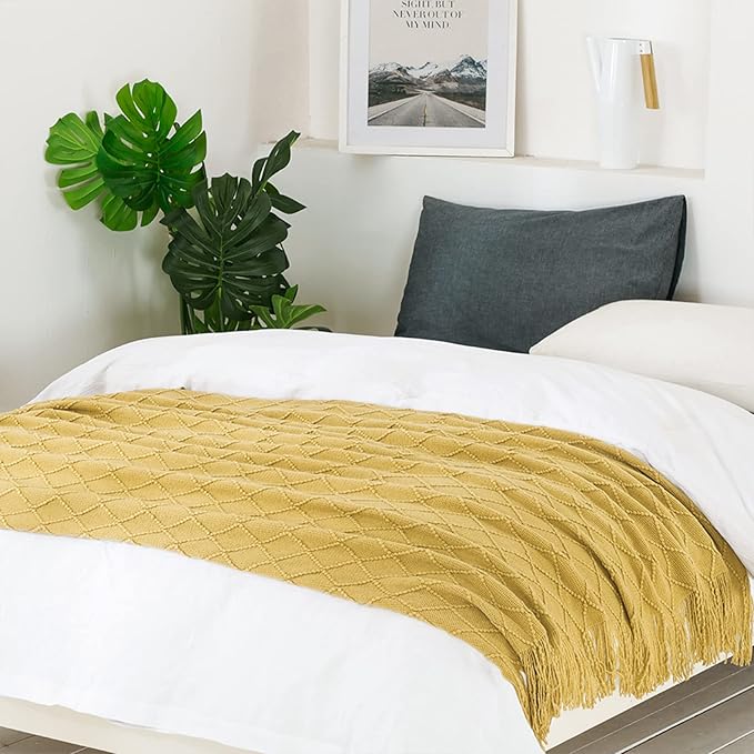 BOURINA Mustard Throw Blanket 50x60 Inches Throw Textured Solid Soft Sofa Couch - Image 3