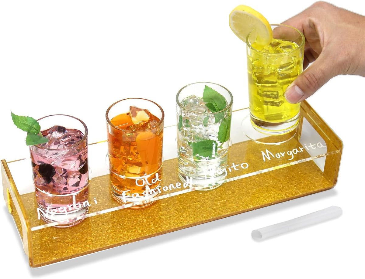 Acrylic Beer Flight Boards with 4 Glasses, Gold Drink Flight Boards for Bartesian Capsules, Wine Mimosa Serving Board, Drink Serving Tray Shot Glass Holder for Hosting Essentials Bartender Accessories