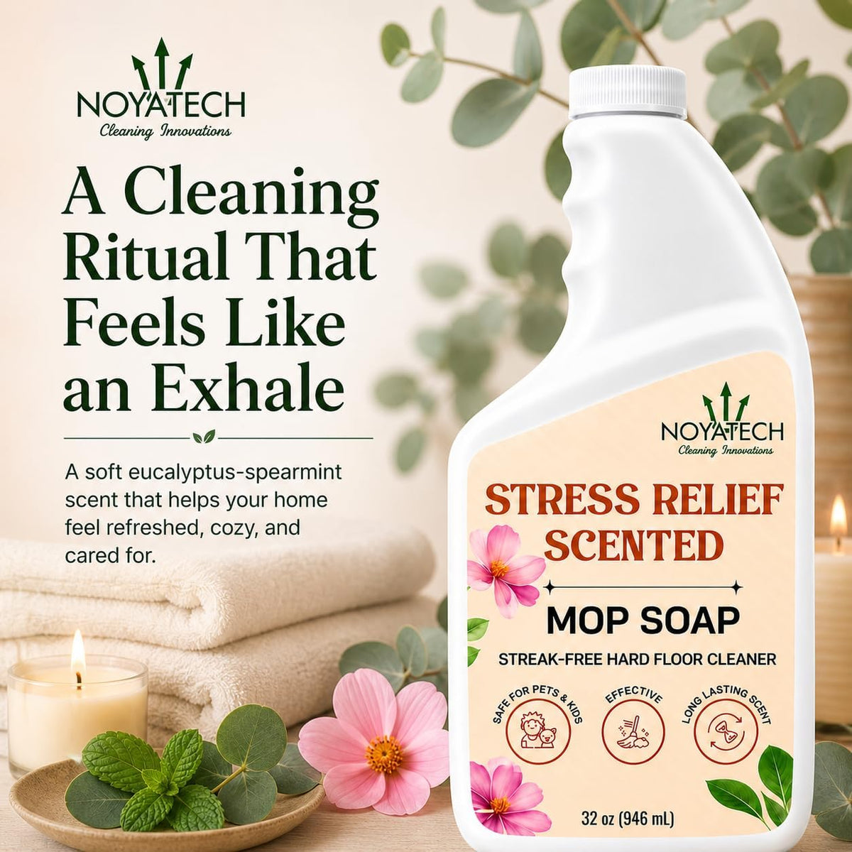 NOYATECH Scented Mop Soap – Eucalyptus & Spearmint Floor Cleaner for Sealed Hardwood, Tile, Laminate & Vinyl – Streak-Free Clean, 32 fl oz