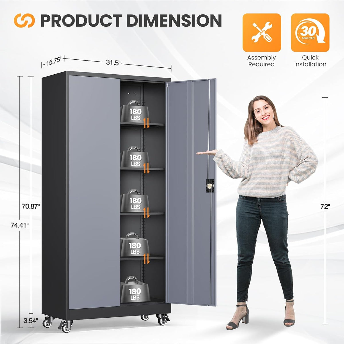 75"H Metal Garage Cabinets with Wheels, Storage Cabinet with 2 Doors