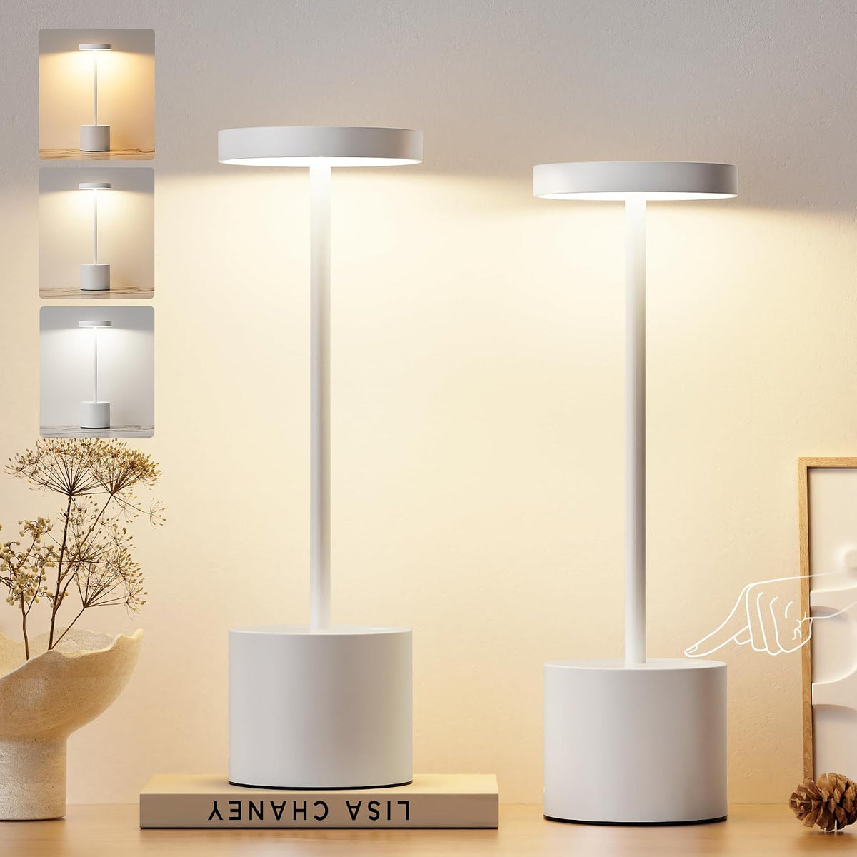 Kakanuo White Cordless Lamp Set, Rechargeable Lamp, 3 Color Temperature, LED Outdoor Wireless Lamps, Battery Operated Lamps, Stepless Dimmable, Touch Control
