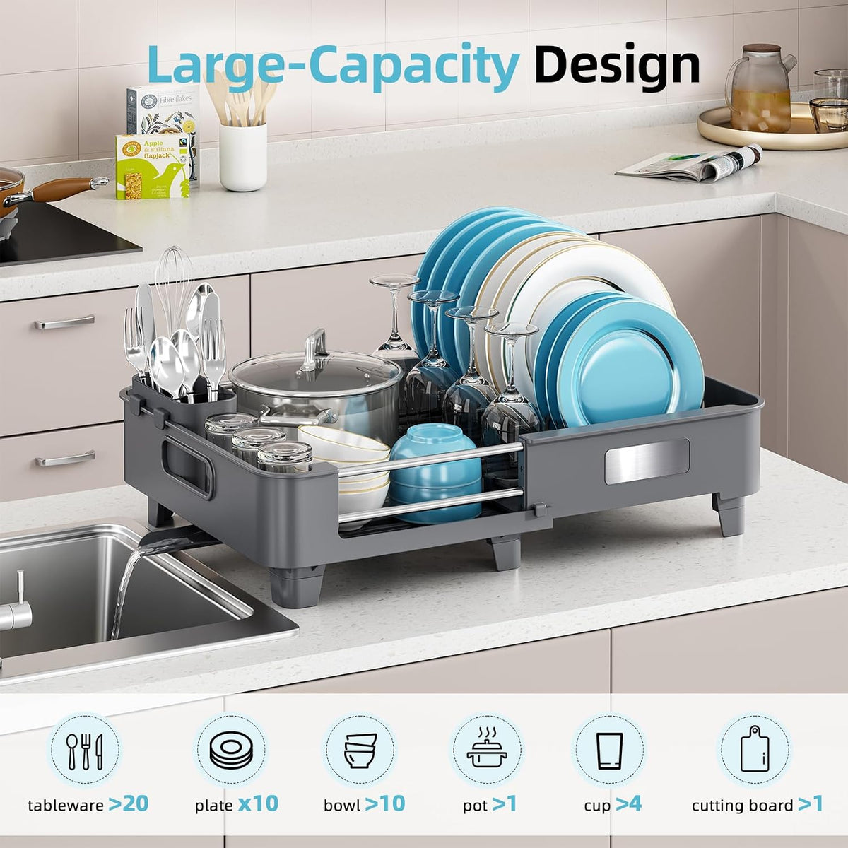 TOOLF Extendable Dish Drying Rack for Small Kitchen Counter, Gray