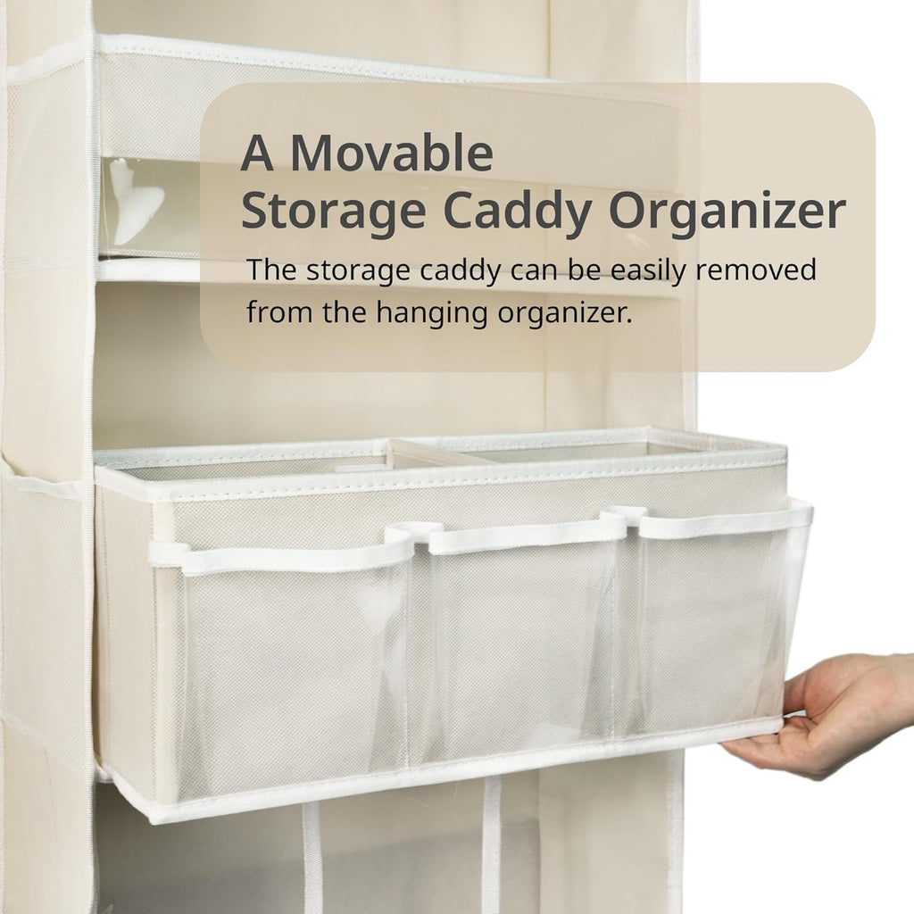 Door Hanging Storage Organizer,with 3 Bins 1 Movable Baby Diaper Caddy,1 Large capacity diaper stacking storage Organizer,10 Side Pockets ,Bedroom Door Storage for Nursery Baby Essentials. (Beige)