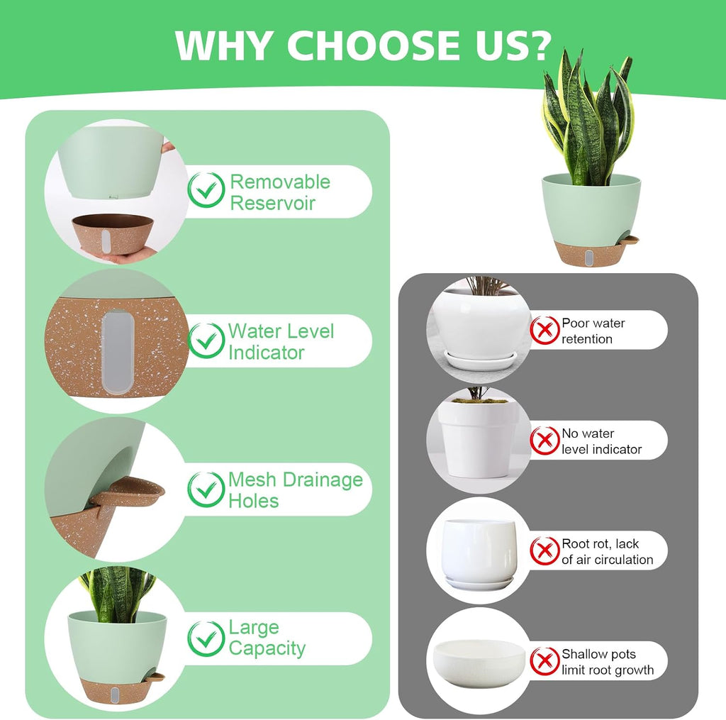 Self Watering Planter for Indoor Plants, 12" 10" 9" 8" Plastic Large Flower Pot Set with Water Level Indicator Deep Reservoir Saucer, Big House Bottom Watering Plant Pots with Drainage Hole - Green