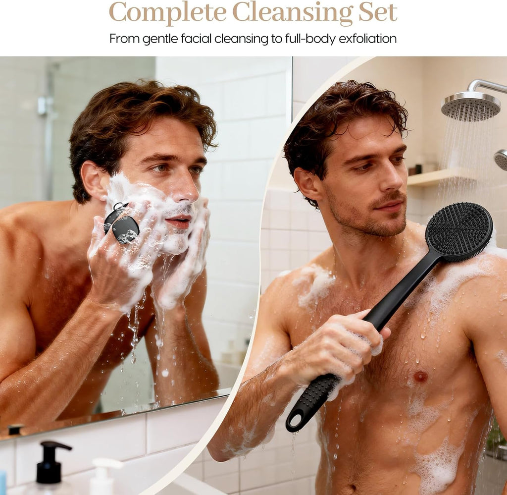 Silicone Back Scrubber for Shower &Silicone Face Scrubber, 2Pcs Silicone Exfoliating Brush Set with 17In Long Handle, Soft Body & Facial Cleansing Scrubber for Men Women