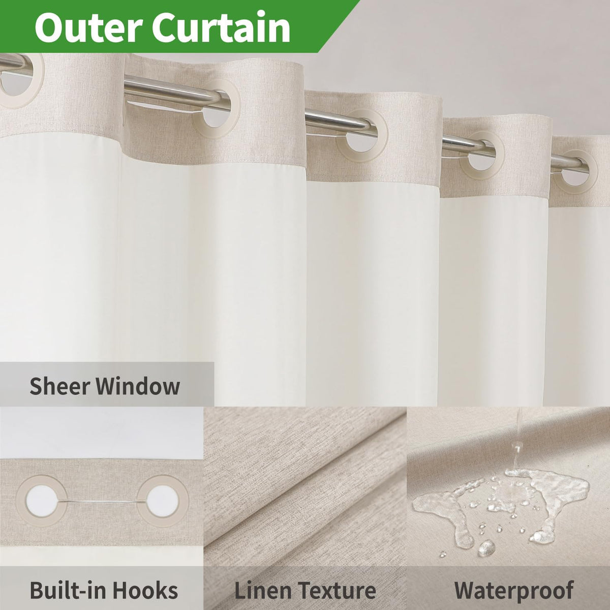 Eachope No Hooks Polyester Textured Shower Curtain with Snap-in Fabric Liner Set, Hotel Luxury Decor Shower Curtains for Bathroom with See Through Top Window, Waterproof & Washable, 71Wx74H, Cream