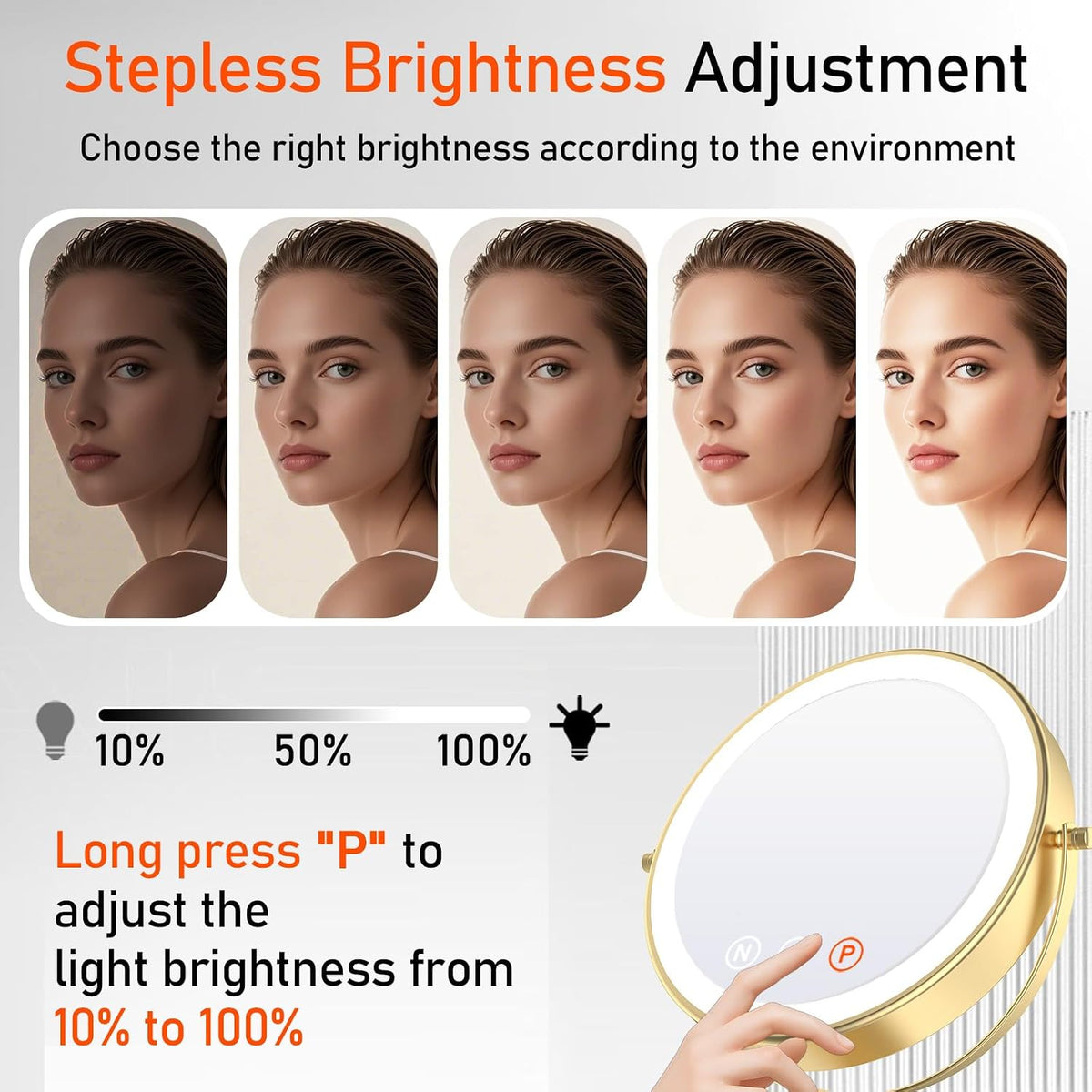 Vanity Mirror with Lights, 9'' Lighted Makeup Mirror, 1X/20X Double Sided Magnifying Mirror, 5000mAh Rechargeable, 3 Color Dimmable LED, 360° Rotation Desk Mirror for Makeup & Skincare, Gold