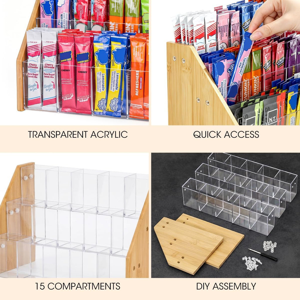AIEVE Bamboo Drink Packet Organizer, 3-Tier Drink Mix Organizer