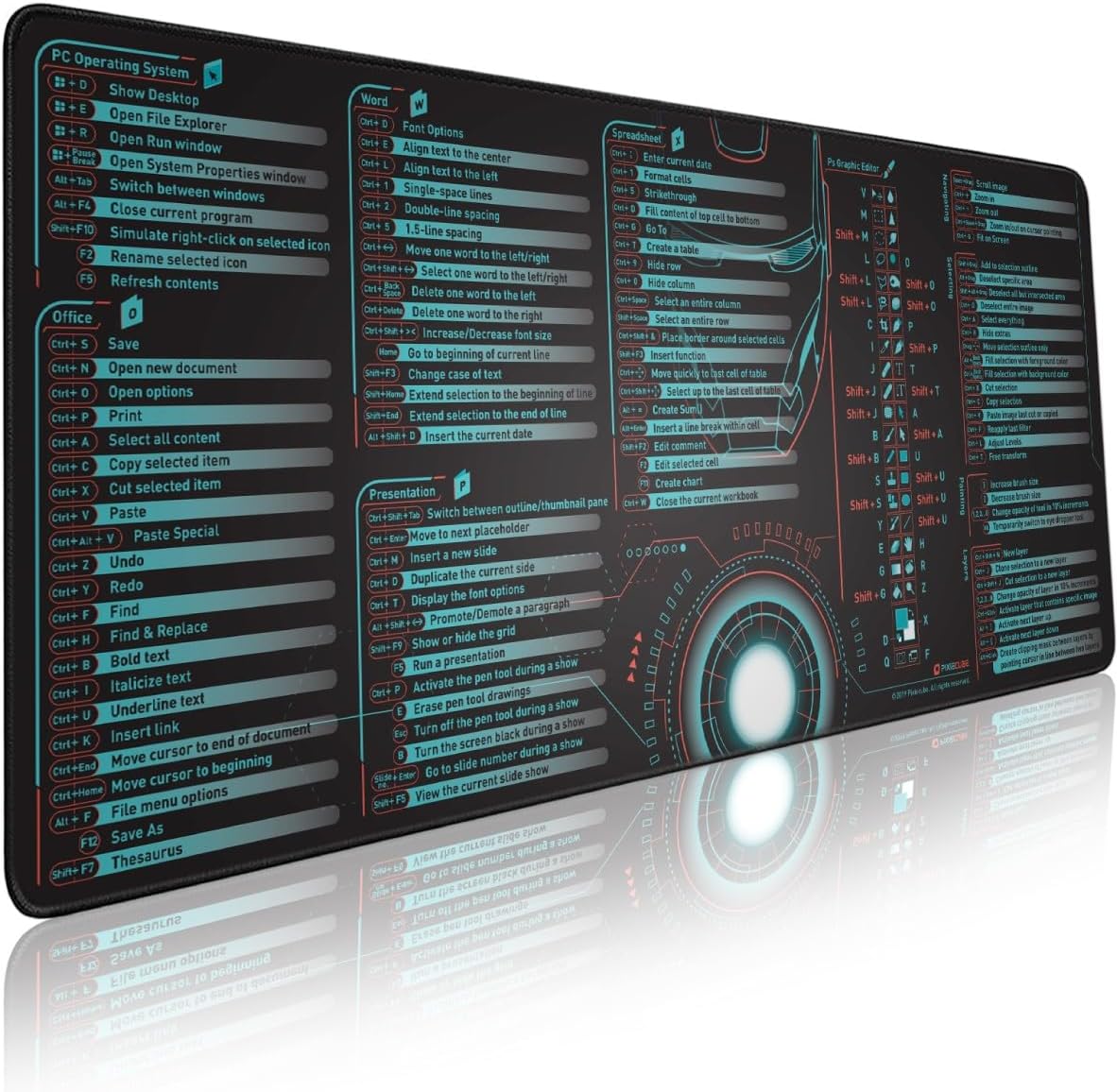 Pixiecube Excel Cheat Sheet Desk Pad | Excel Shortcut Keys Mouse Pad | Extended Large XL Gaming Mousepad | PC Office Spreadsheet Keyboard Mat | Non-Slip Stitched Edge