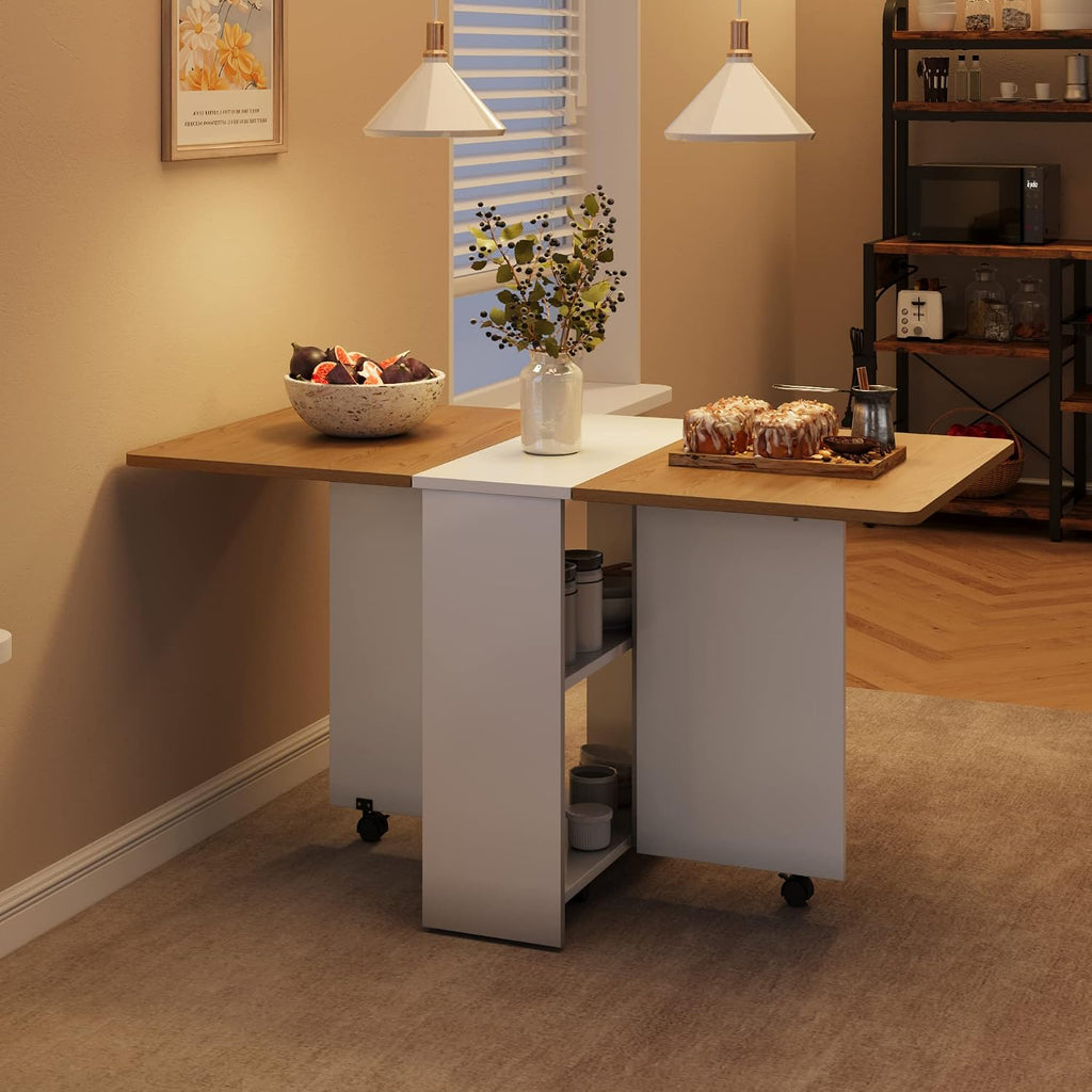 Space Saving Folding Dining Table with Drop Leaf 2 Storage Racks & 6 Wheels Extendable, Collapsible Table for Kitchen, Office, or Dining Room Light Wood Grain Flap + White Cabinet,